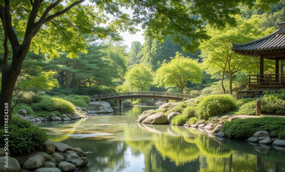 Serene green landscape with bridge and pavilion Serene green landscape with bridge and pavilion