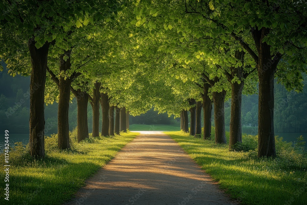 Naklejka premium Lush tree-lined pathway beside a serene lake during golden hour light in a tranquil setting