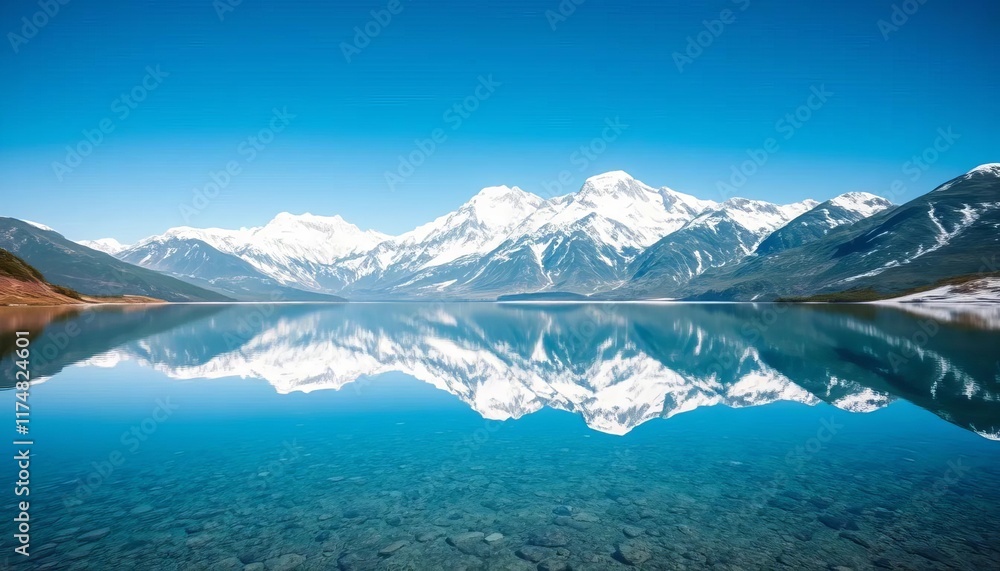 Fototapeta premium Majestic snow capped mountains reflected in a pristine lake