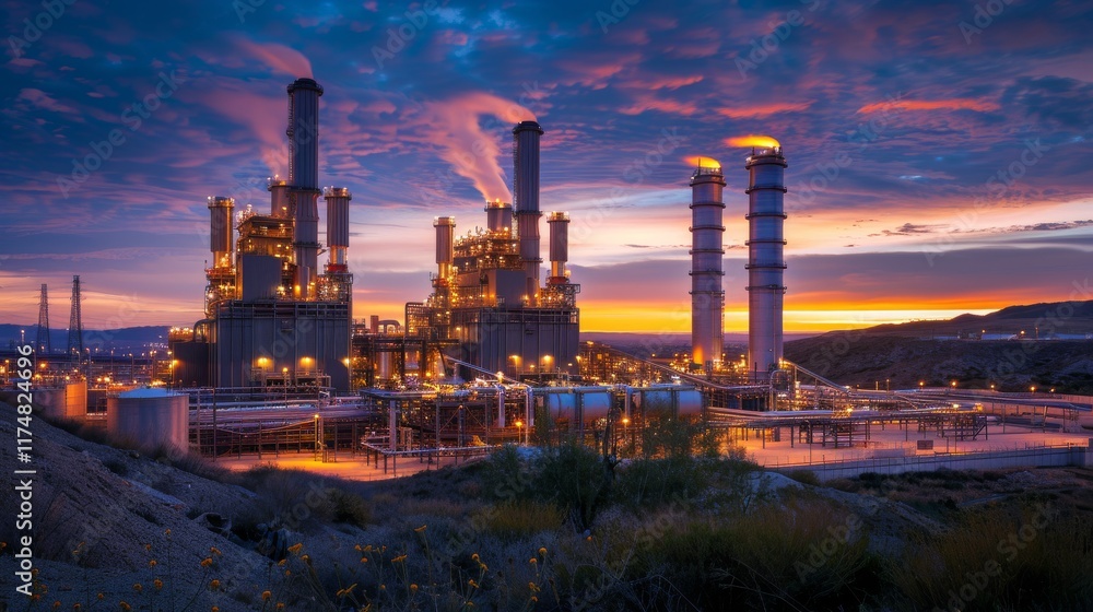 Industrial Power Plant at Sunset with Smokestacks and Colorful Sky Industrial Power Plant at Sunset with Smokestacks and Colorful Sky
