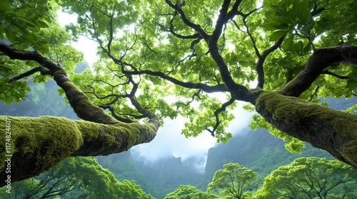 Majestic green canopy overlooking misty mountains in lush forest landscape photo