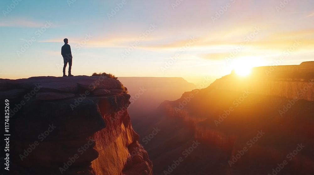 A man stands on a cliff overlooking a canyon A man stands on a cliff overlooking a canyon