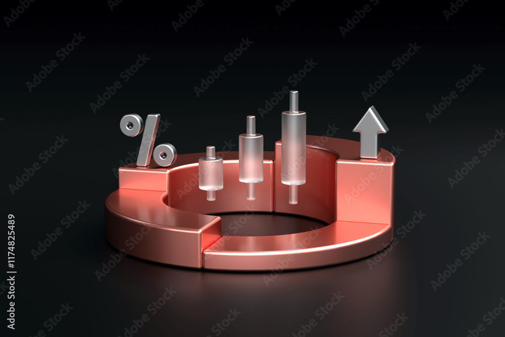Metallic rose gold and silver financial concept with circular graph, candlesticks, percent symbol, and upward arrow on sleek black background, 3d rendering