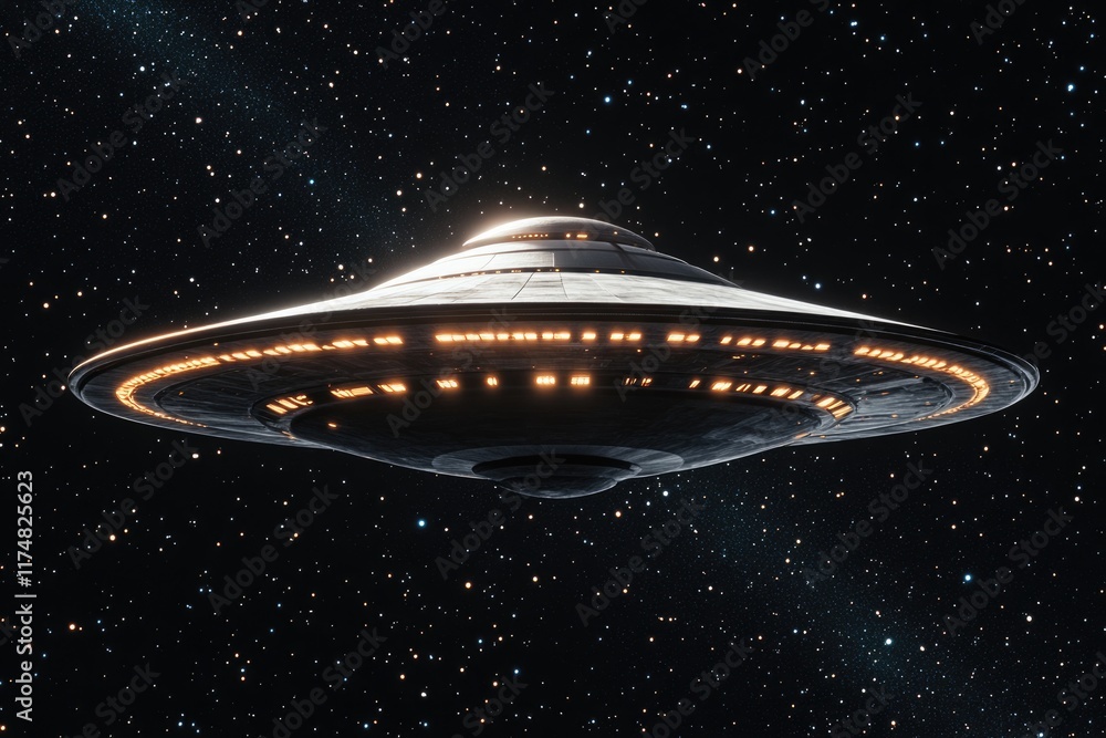 3D Render of a Saucer-Shaped Spacecraft Gliding Through Earth's Orbit Under Sunlight 3D Render of a Saucer-Shaped Spacecraft Gliding Through Earth's Orbit Under Sunlight
