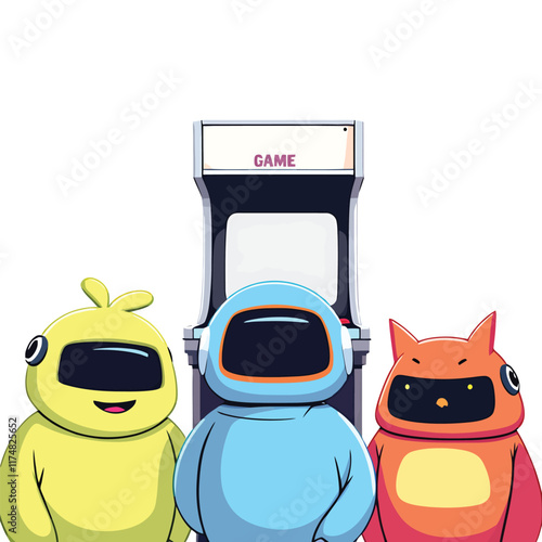 three robots standing next to a machine