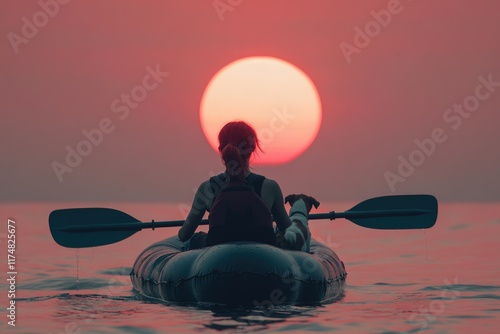 Young Woman Paddling Inflatable Kayak at Sunrise with Jack Russell Terrier in Beautiful Seascape