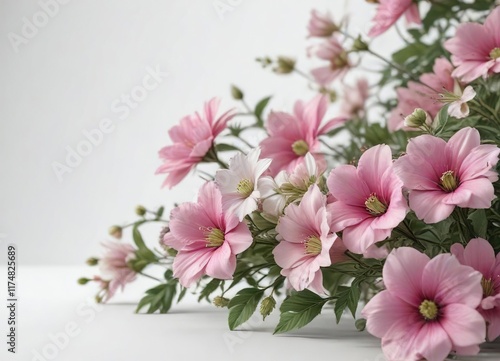 White background with pink and green blooming flowers, romantic, vibrant, decor photo