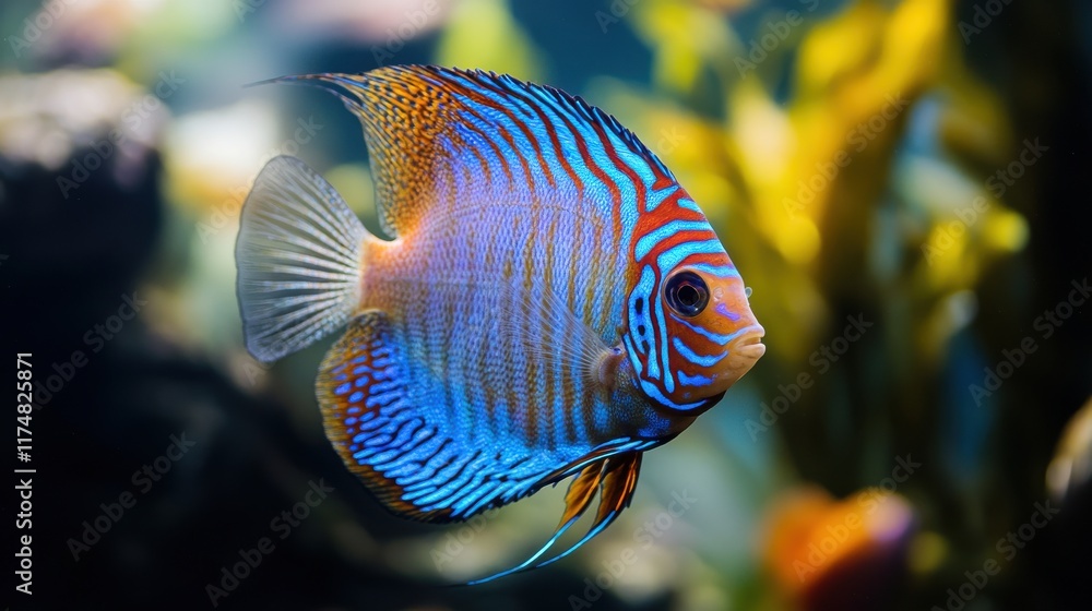 Vibrant blue and orange striped fish swimming gracefully in a colorful underwater scene. Vibrant blue and orange striped fish swimming gracefully in a colorful underwater scene.