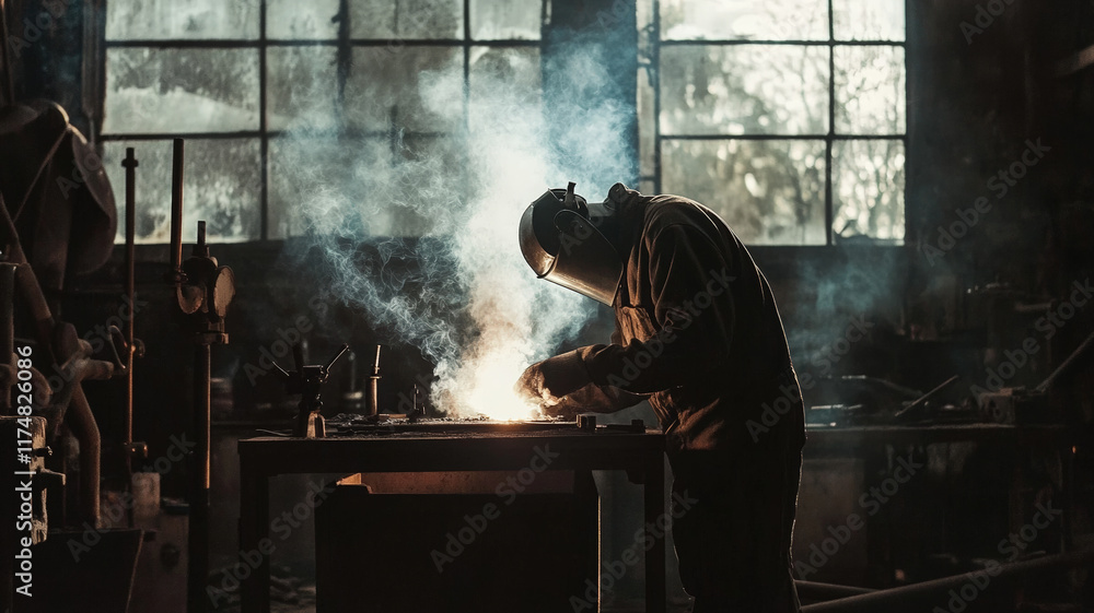 Professional Welder Working in Dark Industrial Workshop with Bright Sparks and Equipment Storage Professional Welder Working in Dark Industrial Workshop with Bright Sparks and Equipment Storage