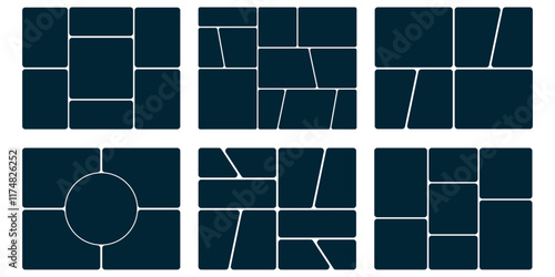 Moodboard template. Mosaic pictures collection. Gallery banner. Collage mood board grid. Organised portfolio. Set of presentation backgrounds. Album brandboard. Photo layout.
