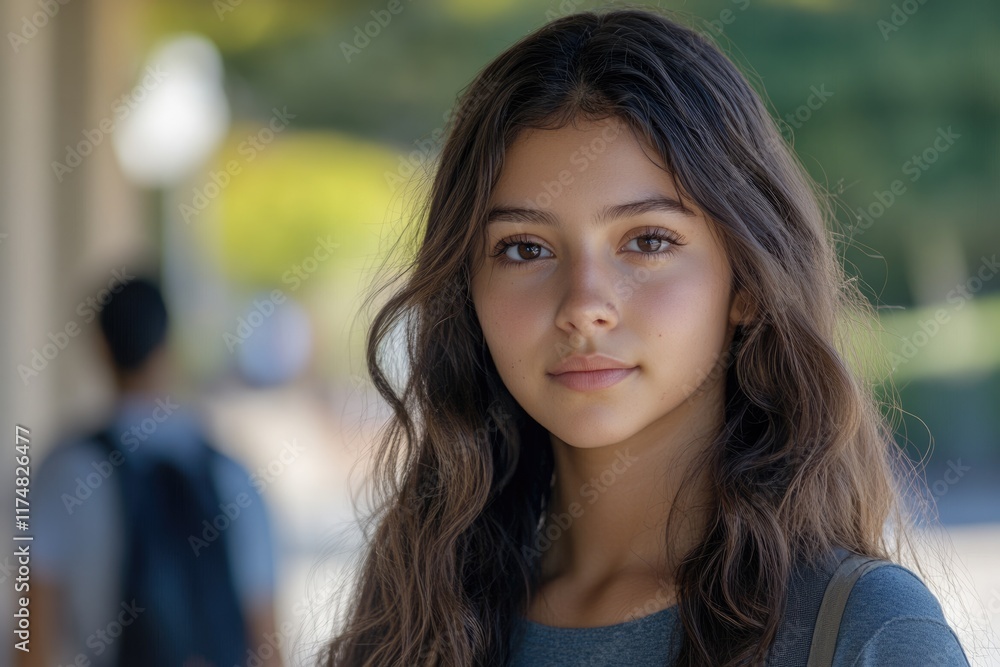 Focused Hispanic Young Woman Portrait: Serious Brunette Student at University Campus Focused Hispanic Young Woman Portrait: Serious Brunette Student at University Campus