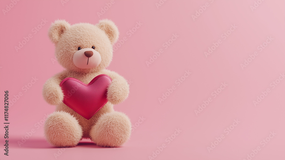 Fototapeta premium Pluszowy miś z sercowym pudełkiem prezentowym, na delikatnym różowym tle, tworzy ciepłą i romantyczną kompozycję na Walentynki. 