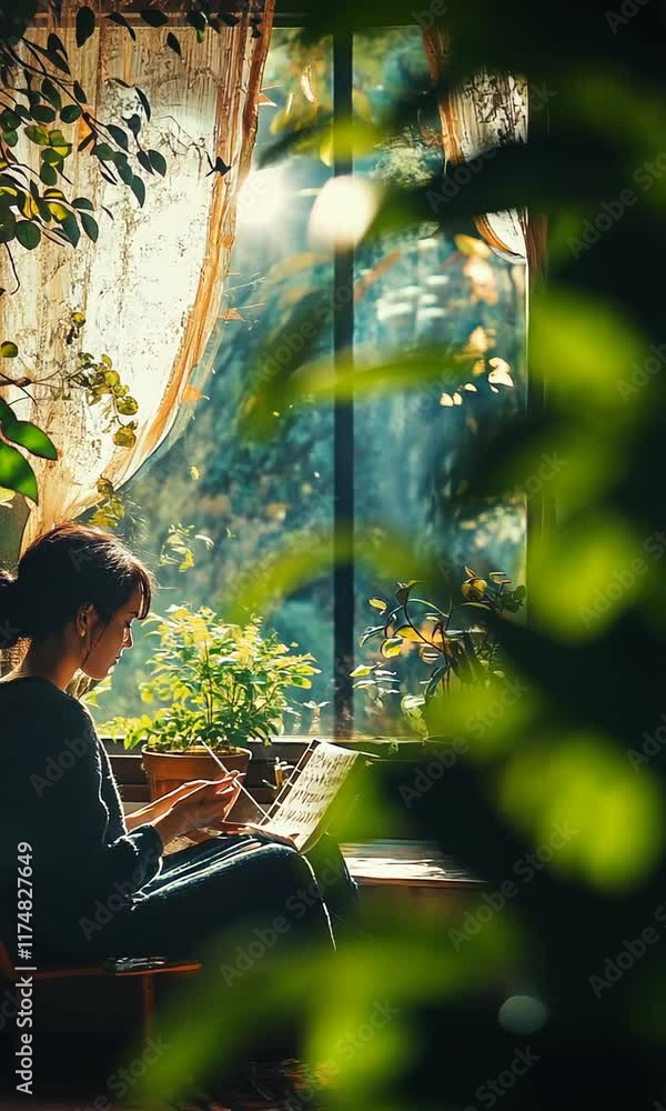 A serene indoor scene of a person painting by a sunlit window surrounded by plants. A serene indoor scene of a person painting by a sunlit window surrounded by plants.