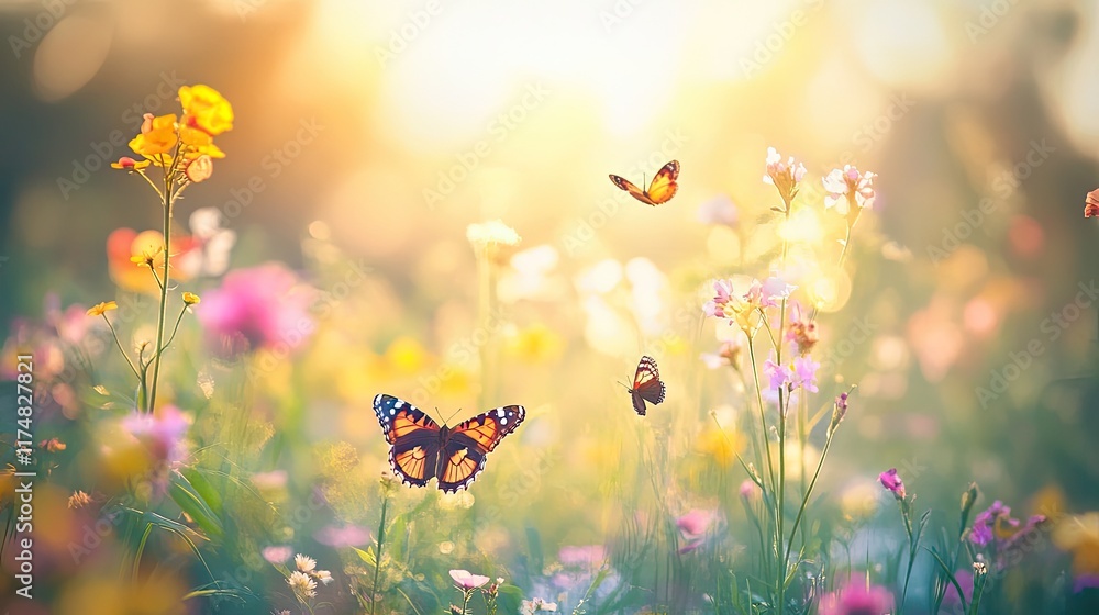 Butterflies flutter amidst a vibrant summer meadow of wildflowers Butterflies flutter amidst a vibrant summer meadow of wildflowers