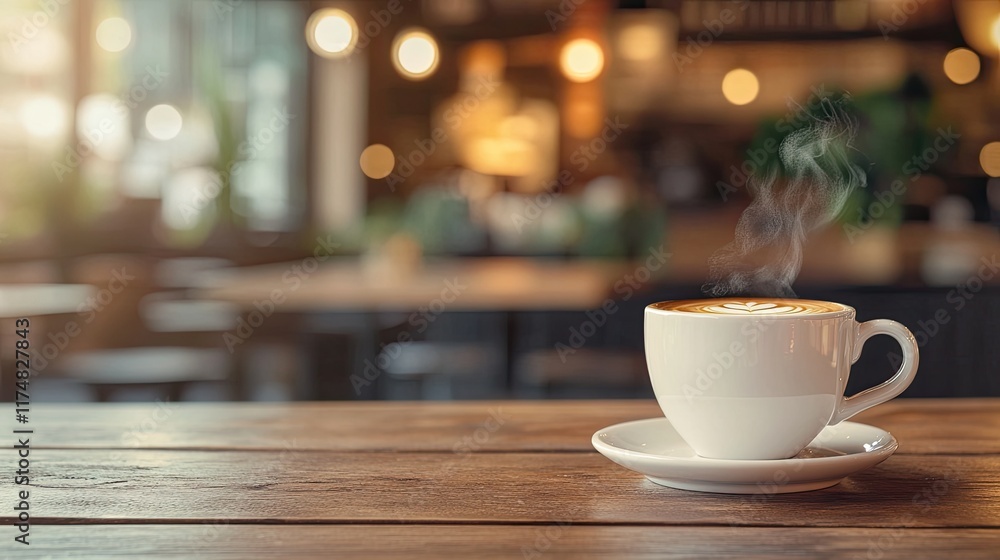 Steaming Latte Art in a White Cup on Wooden Table Steaming Latte Art in a White Cup on Wooden Table