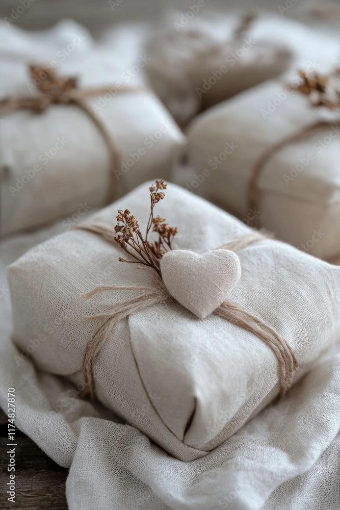 Obraz premium Photo of eco-friendly presents with white heart featuring soft linen wrapping, twine bows, and delicate dried flower bouquets, perfect for a rustic or boho aesthetic