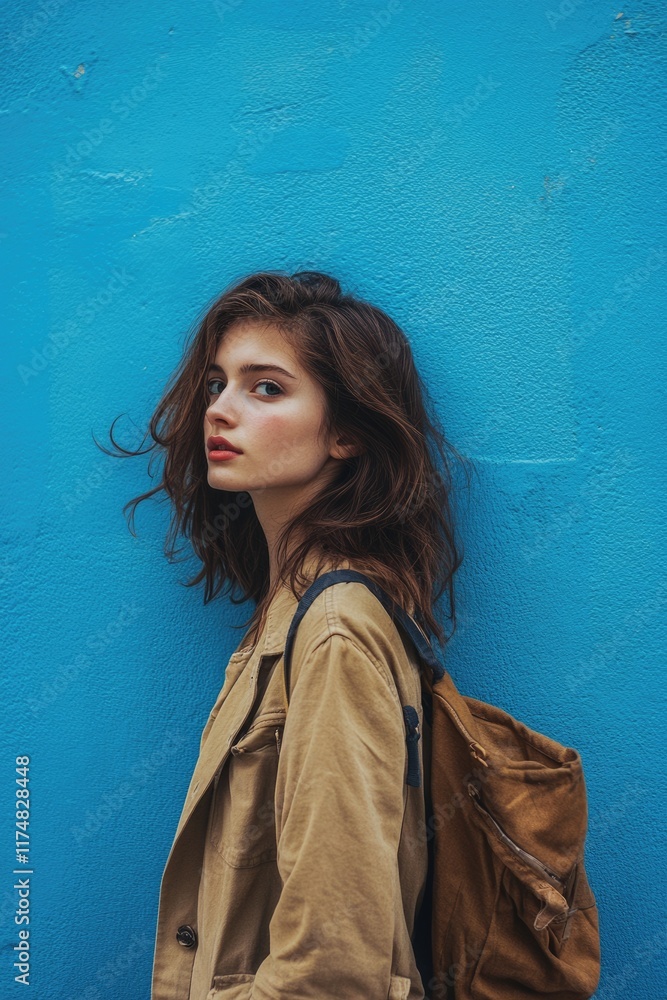 Confident Young Woman Posing with Hand in Pocket Against a Vibrant Blue Wall, Emphasizing Individuality and Style Confident Young Woman Posing with Hand in Pocket Against a Vibrant Blue Wall, Emphasizing Individuality and Style