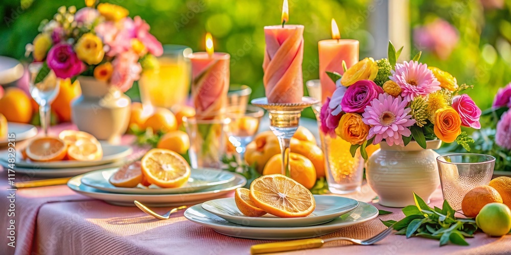 Elegant Pastel Table Setting with Vibrant Orange Accents - Macro Photography Elegant Pastel Table Setting with Vibrant Orange Accents - Macro Photography