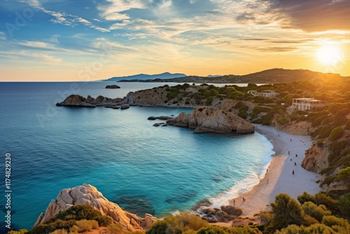 Breathtaking sunset view of tuerredda beach with crystal clear turquoise waters and rocky coastline in southern sardinia, italy