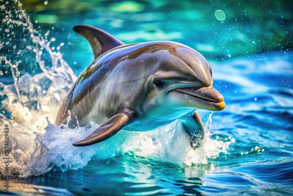 Fototapeta premium Ocean wildlife captured: a dolphin's exuberant splash, a candid underwater moment.