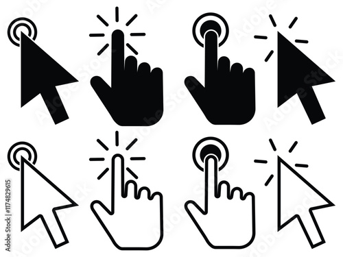Set of click cursor icons. Hand cursor pointer of computer mouse.