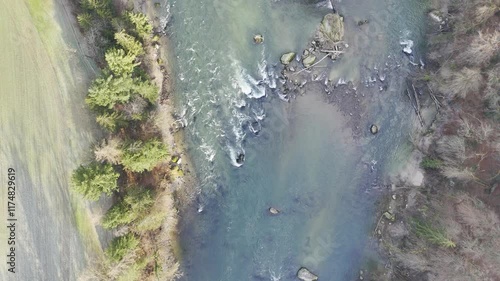 Aerial view of a natural stretch of a river (Reuss, Argovia, Switzerland) photo