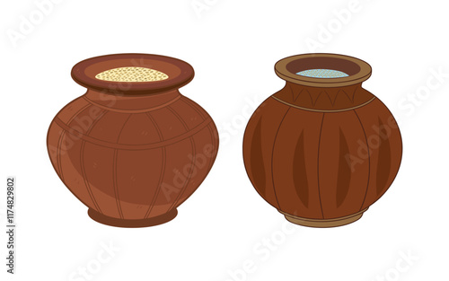 Traditional clay pots illustration - decorative earthenware with textured patterns for cultural and rustic themes