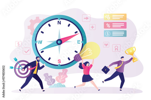Businesspeople team uses compass for choice right direction in business development. Financial strategy, project planning and vision way. Navigation pointer to career or goals.