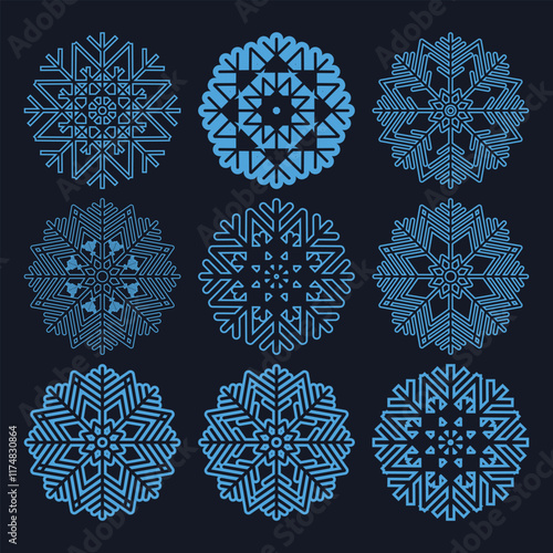 Seamless pattern snowflakes on deep blue background. Flat line snowing icons, cute snow flakes repeat wallpaper. Nice element for Christmas banner, wrapping. New year traditional ornament.