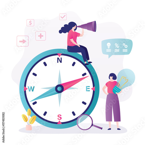 Women team standing with direction compass. Financial strategy or business and stock market outlook. Planning guide and vision way. Navigation pointer to career.