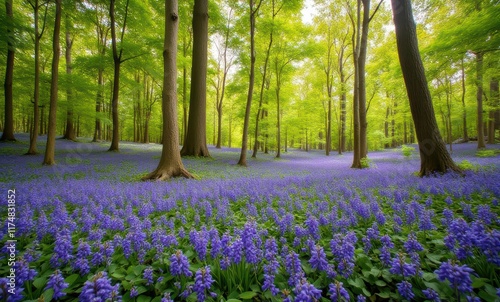 Vibrant bluebells in a lush forest