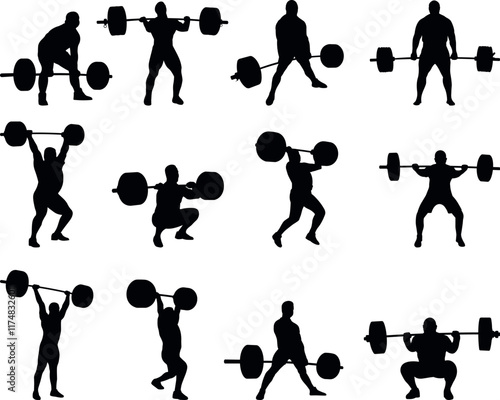 Weightlifting silhouettes vector illustration set