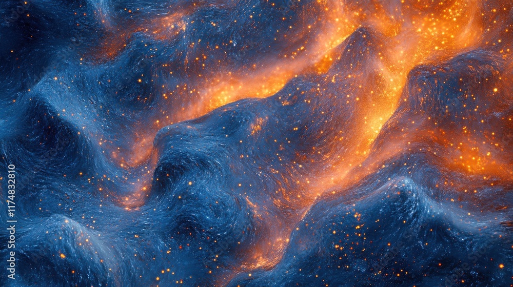 Fototapeta premium A vibrant cosmic scene featuring swirling blue waves illuminated by fiery orange stars.