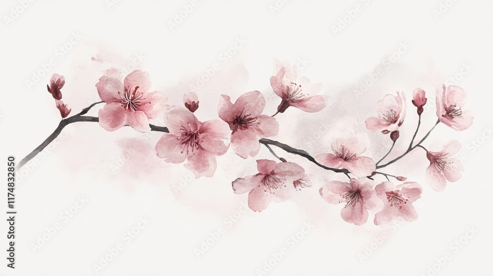 Obraz premium Delicate Watercolor Painting of Cherry Blossoms Branch
