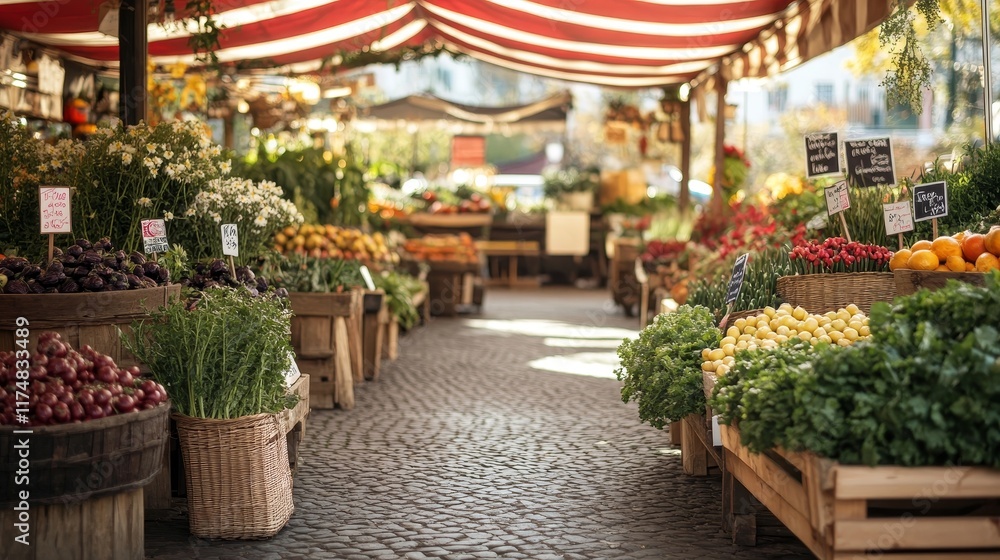 Fototapeta premium Mockup of a fabric banner displayed in a local farmers' market setting