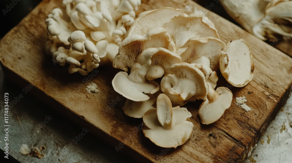 Fototapeta premium Fresh Gourmet Mushrooms on a Wooden Cutting Board Ready for Culinary Uses in Cooking and Gourmet Dishes, Capturing Organic and Natural Food Elements in a Kitchen Setting