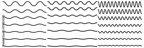 Set of wavy zigzag stroke lines pattern. Vector line border, wave ripple, zigzag, borders.