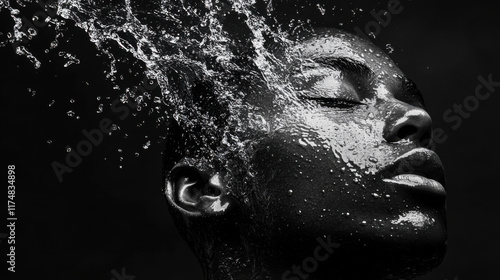 Artistic close-up of a serene person submerged in water, captured mid-motion with water splashing dramatically against a dark background, highlighting beauty in motion.