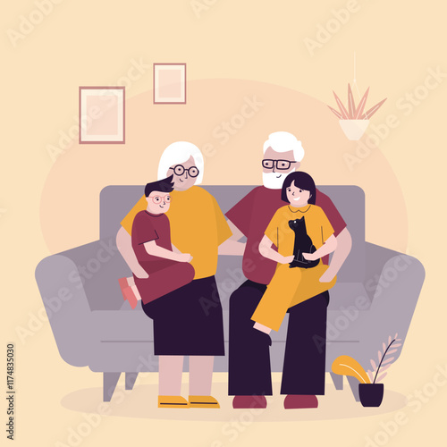 Grandparents and children together. Grandchildren sitting with grandfather and grandmother on sofa. Family portrait. Elderly people hugging with small girl and boy.
