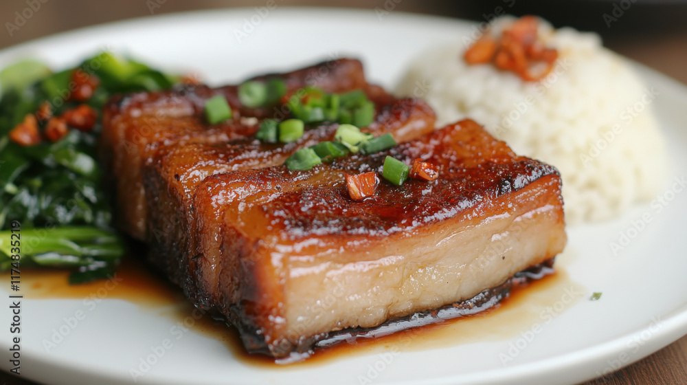 Delicious Asian Cuisine Featuring Tender Pork Belly Served with Rice and Fresh Greens on a White Plate, Perfect for Food Lovers and Culinary Enthusiasts Delicious Asian Cuisine Featuring Tender Pork Belly Served with Rice and Fresh Greens on a White Plate, Perfect for Food Lovers and Culinary Enthusiasts