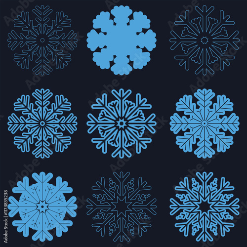 Set of outstanding vector snowflakes. Collection of snowflake winter decoration. Isolated on deep blue background. Perfect for holiday themed designs and invitations. Isolated snowflake collection.