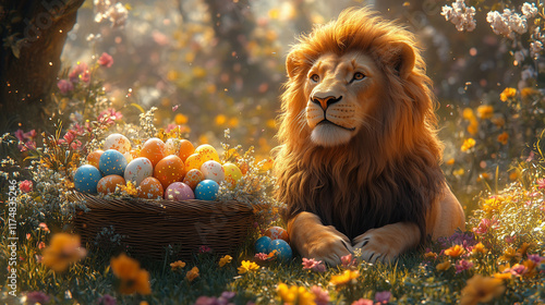 Lion playing with easter eggs