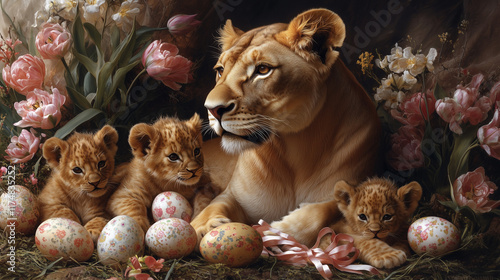 Lion playing with easter eggs
