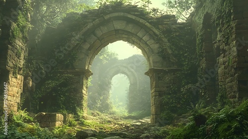 Captivating ruins of an ancient archway overgrown with a lush tapestry of moss and vines evoking a sense of nostalgia and mystery in a serene forested landscape photo