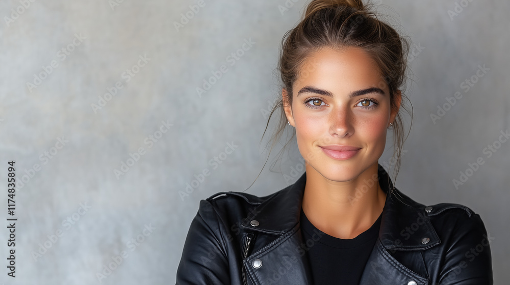Confident woman in leather jacket with warm smile and natural beauty Confident woman in leather jacket with warm smile and natural beauty