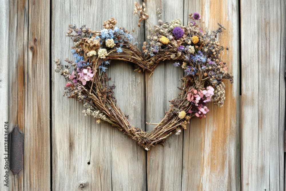 Photo of a heart-shaped wreath made of dried flowers and twigs, featuring soft pastel colors, hanging on a rustic wooden door for a natural and charming decor Photo of a heart-shaped wreath made of dried flowers and twigs, featuring soft pastel colors, hanging on a rustic wooden door for a natural and charming decor