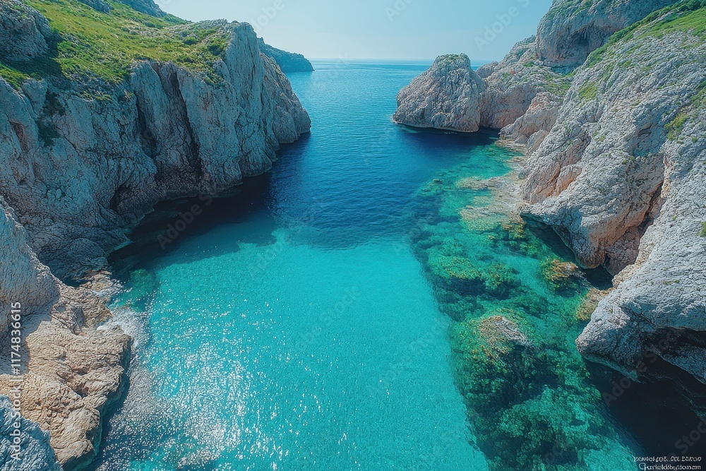 Naklejka premium Breathtaking coastal view with turquoise waters and rocky cliffs on a sunny day