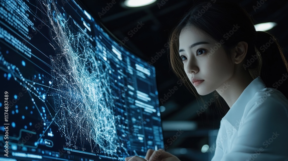 Woman Analyzing Data on a Large Screen Woman Analyzing Data on a Large Screen
