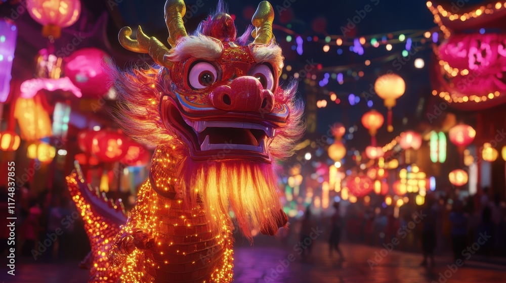 Fototapeta premium Luminous Dragon in a Vibrant Festival Scene