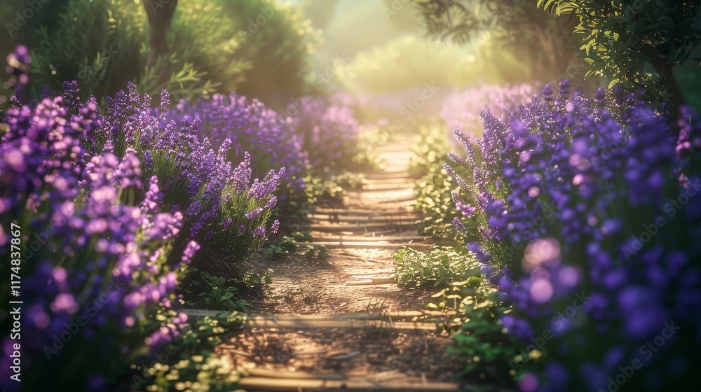 Obraz premium Enchanting Lavender Pathway at Sunrise in a Lush Garden Landscape Scene